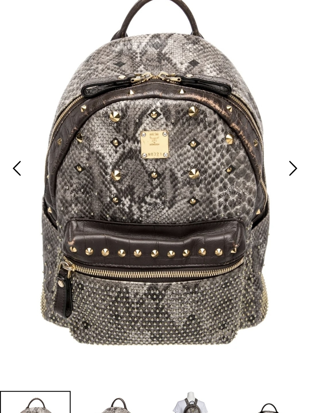 MCM Grey Snakeskin-Print Studded Gold-Accent Backpack